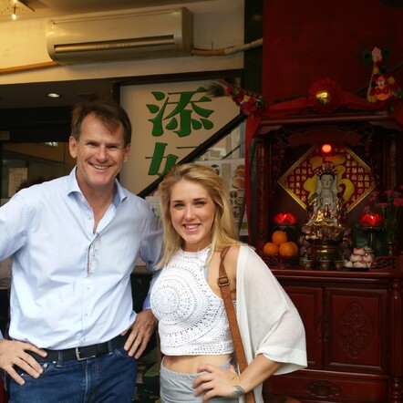 Ellie and I waiting outside a one Michelin Star, Dim Sim restaurant