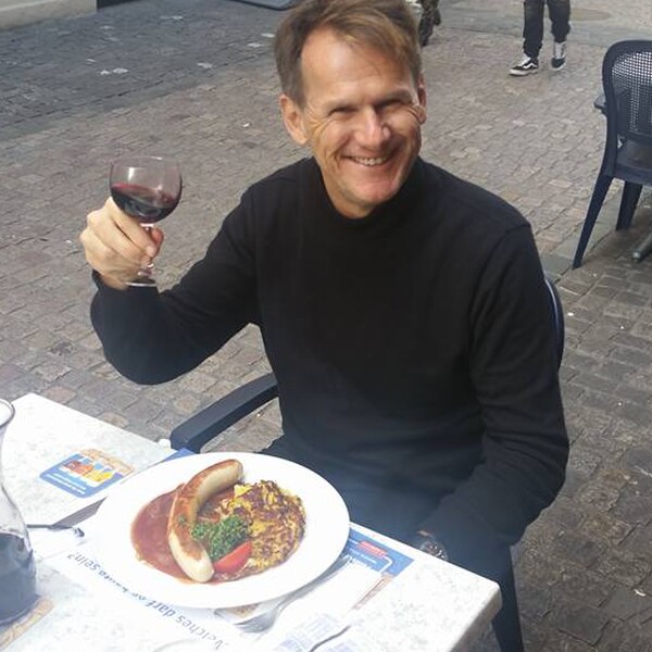 My favourite Swiss meal. Veal sausage, onion gravy and Pinot Noir from the Valais